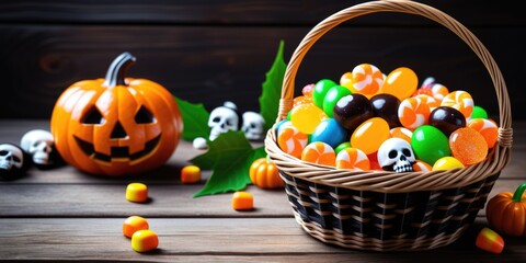 Naklejka premium Halloween candy basket with pumpkins and skulls