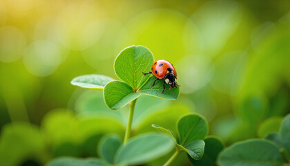 Ladybug perched on shamrock clover in serene garden, natural beauty