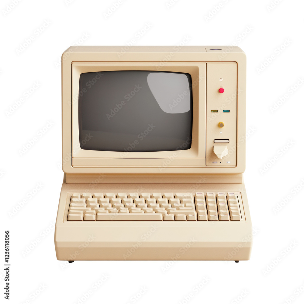 Poster a vintage beige desktop computer with an integrated monitor and keyboard is shown against a black ba