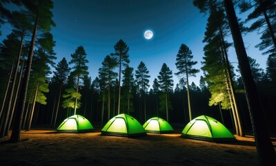 Moonlit camping adventure: illuminated tents amidst majestic forest pines under night sky
