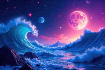 Oceanic Waves Crashing Under a Vibrant Celestial Display of Pink and Blue Moons and Stars