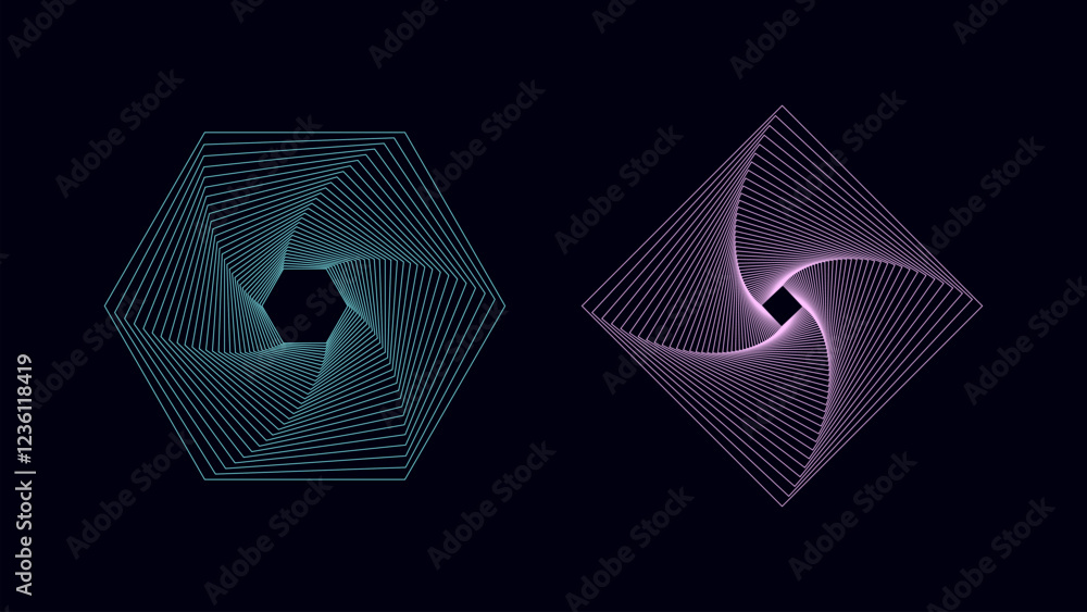 Poster set of abstract swirling figures. vector colors 3d tunnel. twisted wireframe lines. curved symbols o