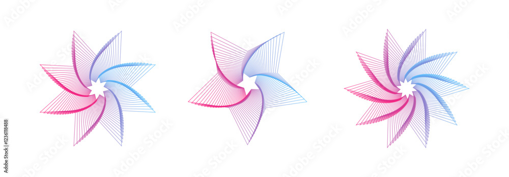 Poster set of abstract swirling figures. vector colors 3d tunnel. twisted wireframe lines. curved symbols o