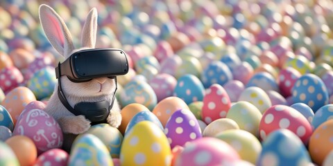Adorable bunny with VR headset surrounded by vibrant Easter eggs and balls