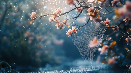 Springtime wonder with delicate blossoms and a spider web