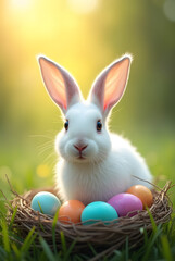 Obraz premium Adorable White Easter Bunny Resting in a Nest of Lush Green Grass, Surrounded by Brightly Colored Eggs Under the Warm Spring Sun