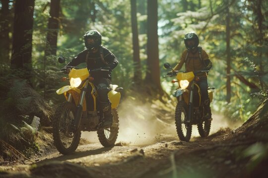 Two motorcyclists riding in dense forest path. Neural network AI generated