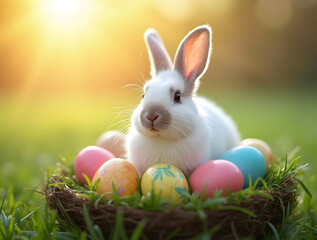 Adorable White Easter Bunny Resting in a Nest of Lush Green Grass, Surrounded by Brightly Colored Eggs Under the Warm Spring Sun
