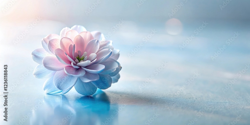 Poster a delicate pink and blue flower resting on a smooth surface with a soft light shining through