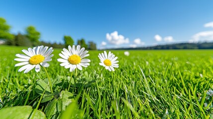 Three White Daisies In A Sunny Green Field