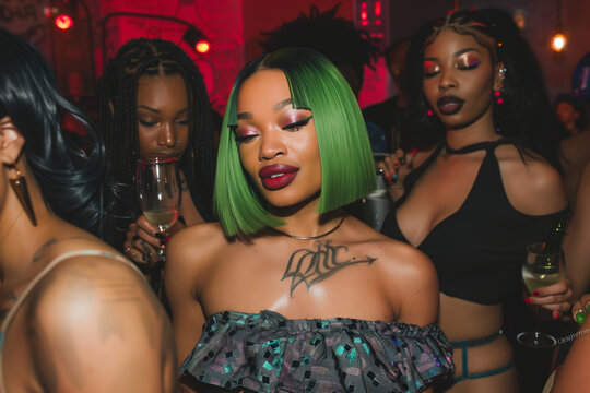 African American woman with green bob hair, wearing a black off-the-shoulder top and holding a wine glass at a nightclub party.