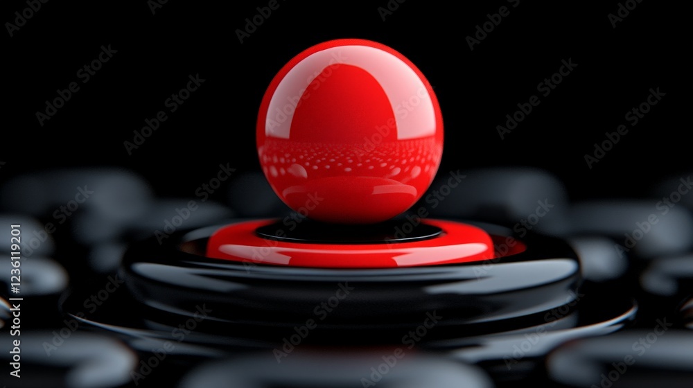 Poster red sphere on a black platform: a single, glossy red sphere rests atop a circular platform in a fiel