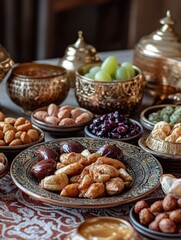 An array of Middle Eastern desserts, snacks, and dried fruits in ceramic bowls with gold accents, reflecting the rich culinary heritage.