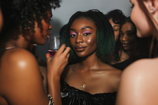 African American woman with a green bob hairstyle, wearing black dress at a party. Holding up her wine glass to drink and has pink eye shadow on her eyes, standing next to friends at night time.