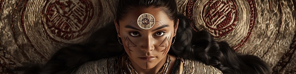 Ancestral portrait featuring genealogical symbols woven into traditional clothing