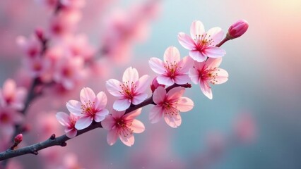Obraz premium Delicate Pink Blossoms on a Branch, Softly Lit by the Warm Glow of Dawn's Gentle Light
