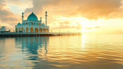 Sunrise Mosque Seascape Reflection Peaceful Coastal Worship