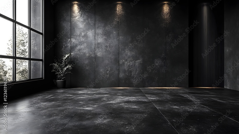 Poster dark home interior minimal furniture and an empty wall mockup captured from a low angle highlighting