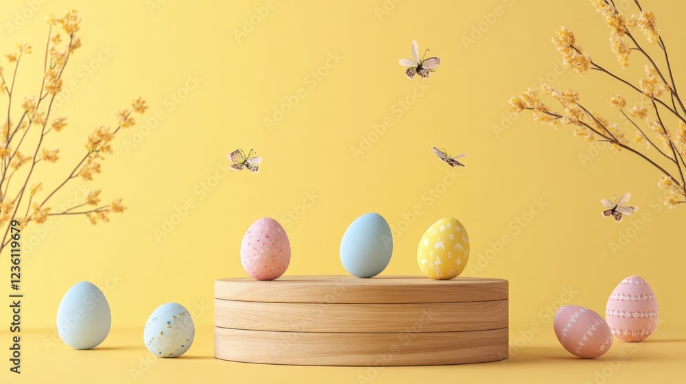 Poster a wooden platform with a yellow background and a bunch of easter eggs on it. the eggs are of differe