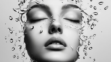 An artistic black and white portrait of a woman  face surrounded by falling raindrops