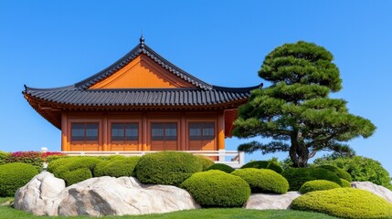 Obraz premium Tranquil Asian Style Wooden House in a Lush Garden