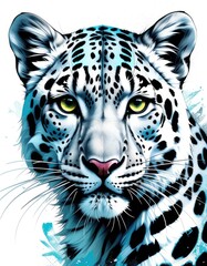 Fototapeta premium Vibrant snow leopard portrait: striking black and white with blue tones and intense eyes