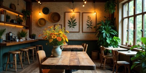 Rustic cafe interior design with wooden tables, chairs, and vibrant flower arrangement in a pitcher, showcasing a calming and inviting atmosphere