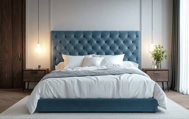 Modern Bedroom with a Cool Ice Blue Velvet Bed, Soft White Bedding, Wooden Accents, and a Sleek Minimalist Nightstand