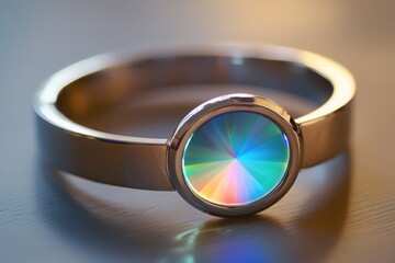 Smart jewelry innovation concept. A sleek bracelet featuring a circular, holographic gemstone set in a platinum band, perfect for tech-savvy fashion enthusiasts 