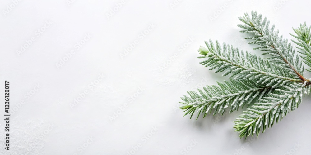 Aufkleber a single frosted evergreen sprig rests on a white surface, creating a serene winter scene.