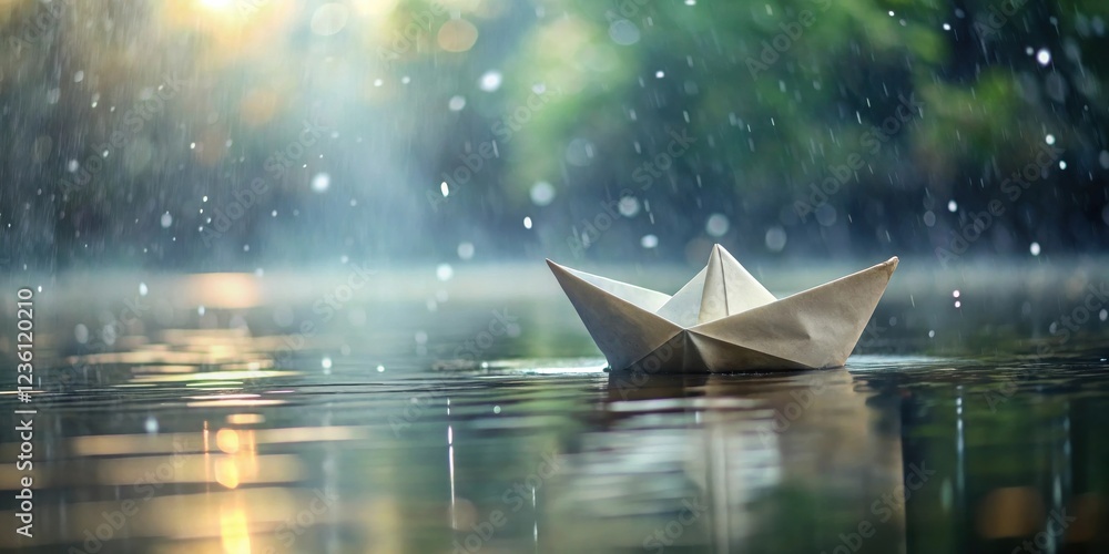 Aufkleber a simple paper boat floats serenely on a calm pond amidst a gentle rain shower, the sun peeking thro