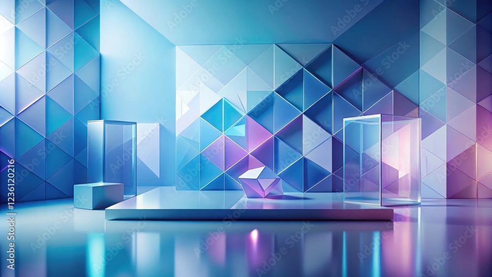 Poster minimalist geometric abstract composition with a glass showcase on a reflective platform and a diamo