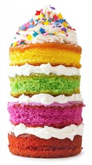 Layered Rainbow Cake With Sprinkles And Cream