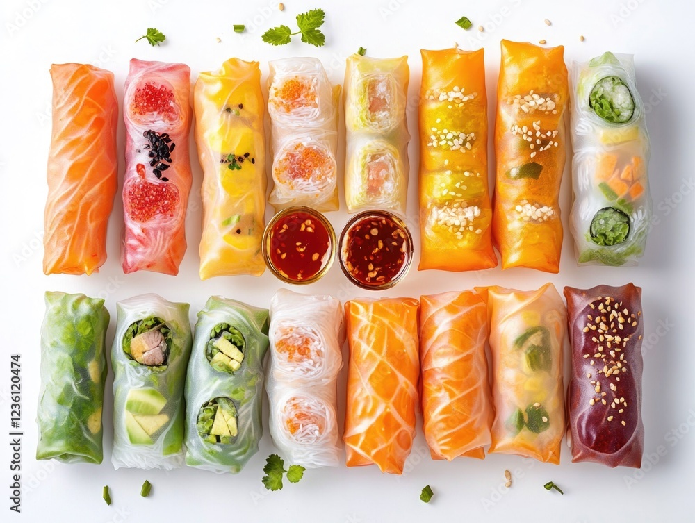 Poster a variety of sushi rolls are displayed on a white background. the rolls are of different colors and 
