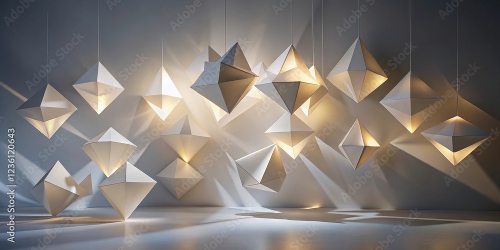 Aufkleber White Geometric Shapes Hanging From The Ceiling Create A Dramatic Display Of Light And Shadow