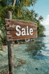 Fototapeta premium Rustic wooden 'sale' sign amidst tropical beach setting
