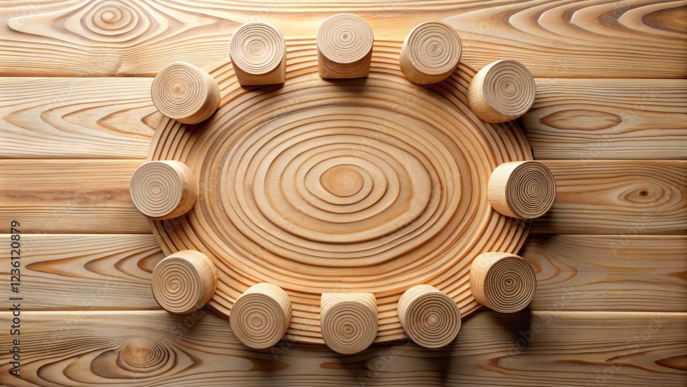 Poster Wooden circular design with concentric rings and a central empty space surrounded by a ring of wooden circles.