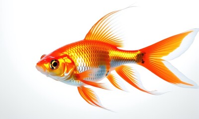 Fototapeta premium Vibrant orange goldfish with flowing fins on white background
