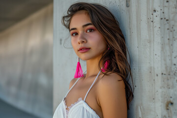 Naklejka premium Brunette lady with long brown hair and pink earrings