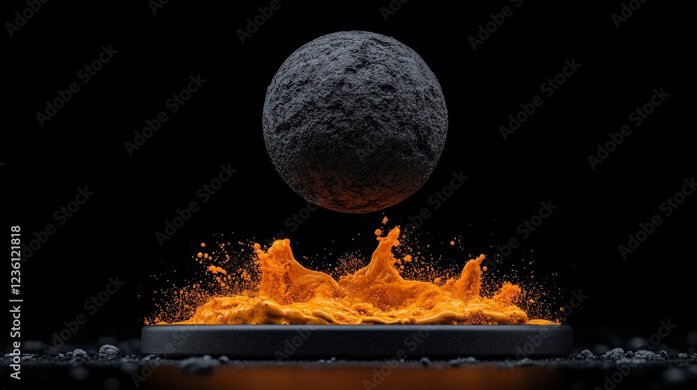 Poster cosmic collision: abstract 3d render of a dark grey sphere hovering above an eruption of vibrant ora