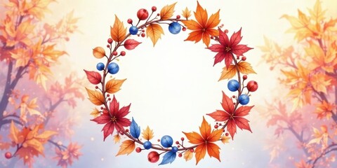 Obraz premium Autumnal Wreath with Berries and Leaves, a Circular Design Perfect for Seasonal Greetings and Festive Decorations