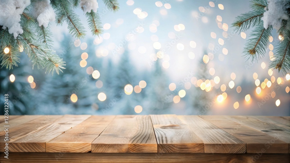 Poster a festive tabletop scene with snowy pine branches and a blurred background of twinkling lights