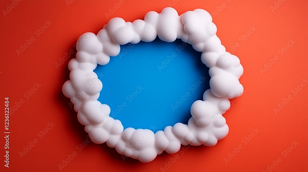 Poster cloud frame on coral: a vibrant coral background is playfully encircled by fluffy white clouds, crea