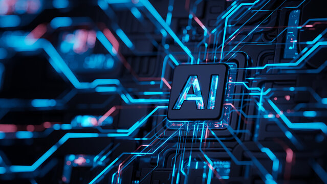AI concept Artificial Intelligence technology circuit motherboard chip computer design machine deep learning data network analysis futuristic. 3d rendering..