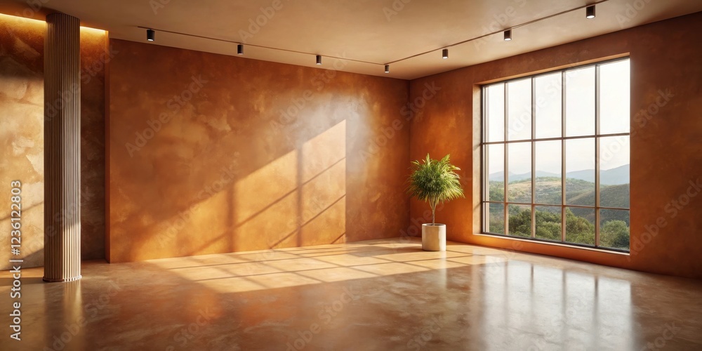 Aufkleber Sunlight streams through a large window in a spacious room with a single potted plant, casting soft shadows on the warm orange walls.