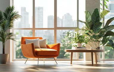 Modern Living Room with a Bright Orange Velvet Armchair, Stylish Cushions, a Minimalist Coffee Table, and Large Windows with a City View