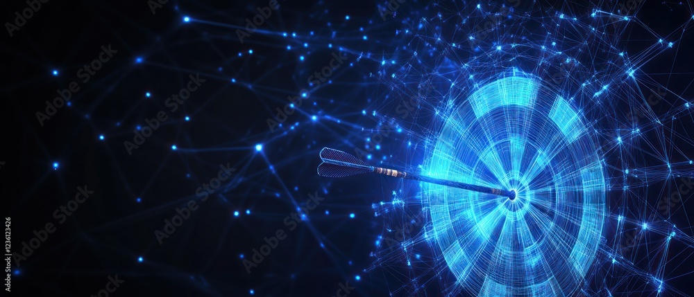 Poster digital dart hitting a futuristic target with glowing lines