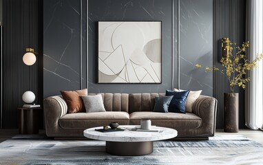 Modern living room with a luxurious velvet sofa, geometric artwork, and a sleek marble coffee table, creating a cozy yet sophisticated ambiance