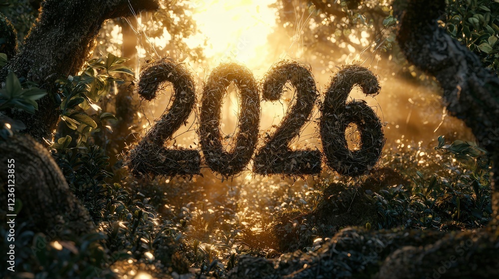 Poster artistic composition of number 2026 formed by leaves and branches in a luminous forest setting