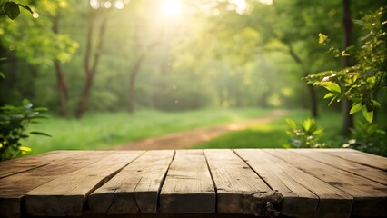 A vacant wooden table situated in a natural outdoor setting, illuminated by sunlight against a garden backdrop